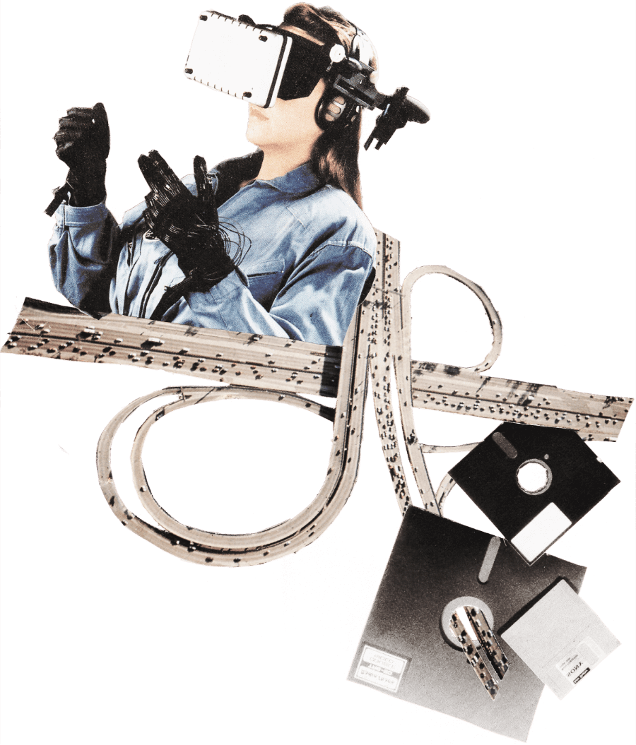 Collage aus dem Bild einer Frau mit einer (Retro-) VR-Ausrüstung, einer (Daten-) Autobahn und Disketten.